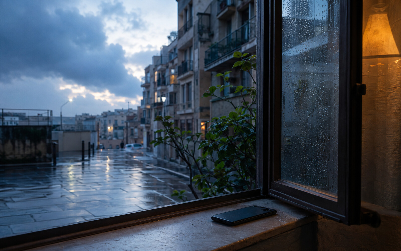 Ventana abierta tras la lluvia, calle mojada y un móvil boca abajo sobre el alféizar.