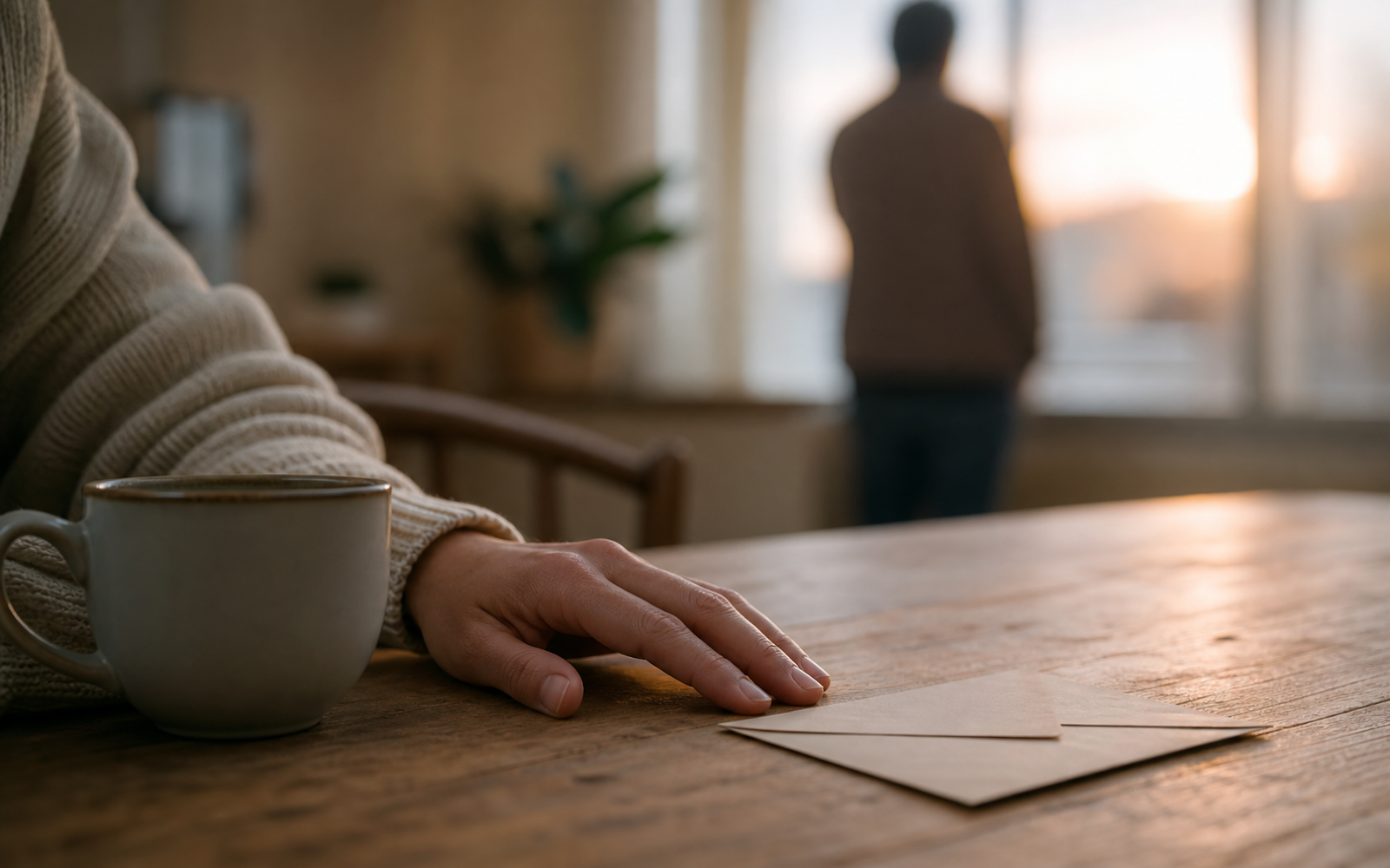 Una mano junto a una taza y una nota sobre una mesa; al fondo, una persona desenfocada frente a una ventana.