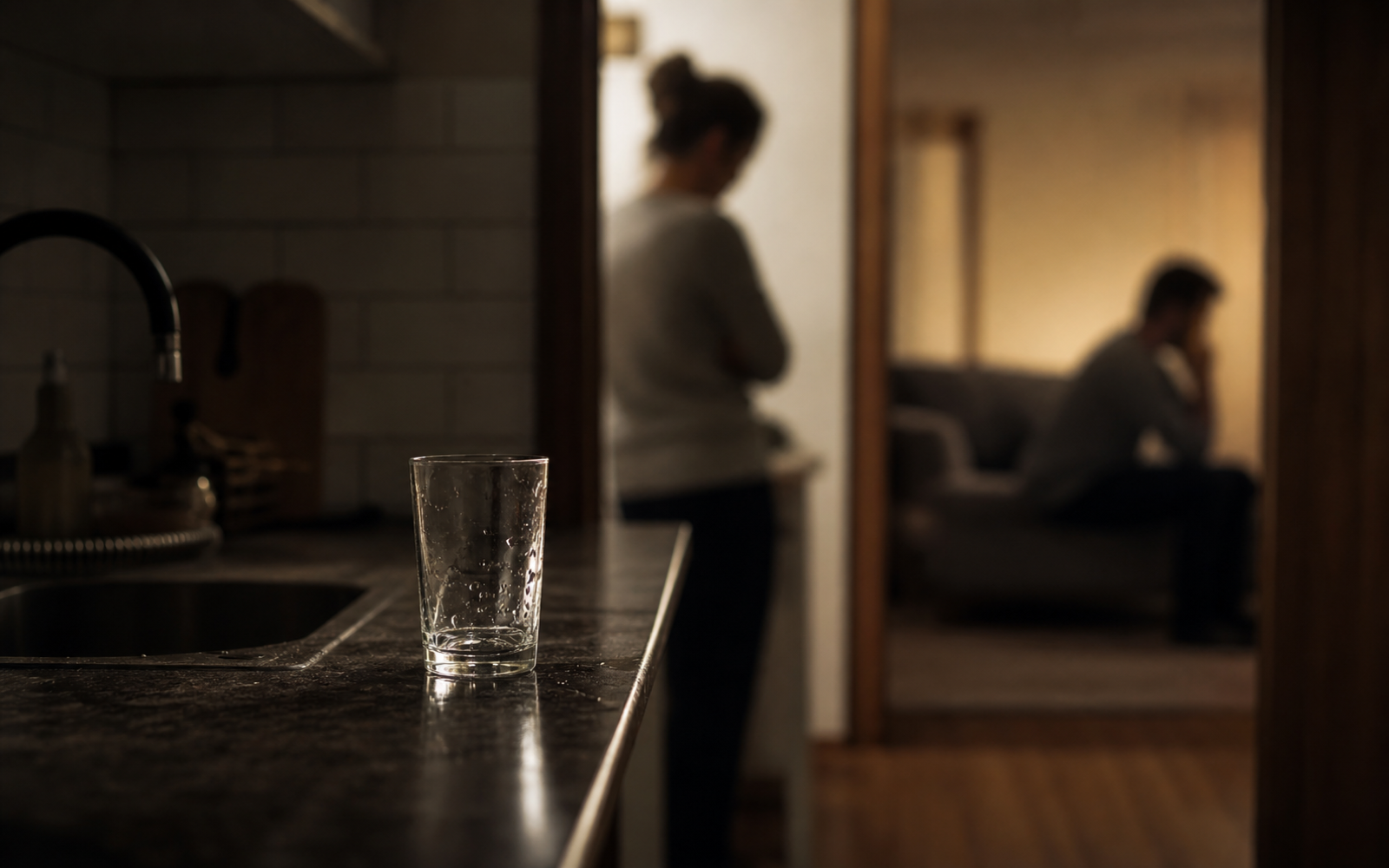 Un vaso vacío junto al fregadero; al fondo, dos personas desenfocadas y separadas por una puerta.